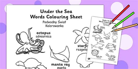 Under the Sea Words Colouring Sheet Polish Translation - polish