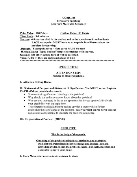Monroes motivated sequence handout - COMS 108 Persuasive Speaking Monroe’s Motivated Sequence ...