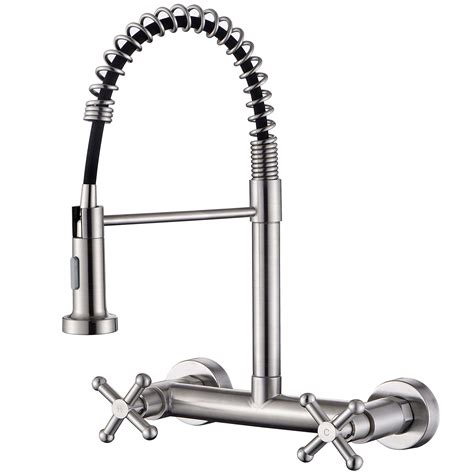 Wall Mount Kitchen Sink Faucet with Pull Out Sprayer Tow Function ...