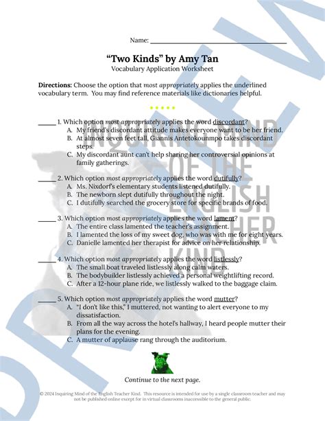 "Two Kinds" by Amy Tan Quiz, Close Reading, and Vocabulary Games Bundle ...