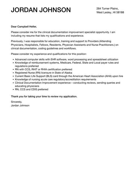Clinical Documentation Improvement Specialist Cover Letter | Velvet Jobs