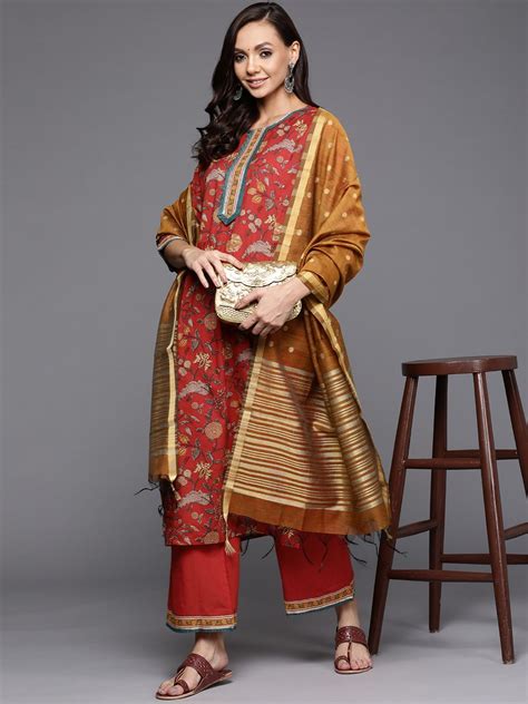 Indo Era Women Red Ethnic Motifs Printed Gotta Patti Pure Cotton Kurta ...