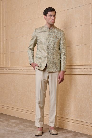 Buy Light Green Classic Jacquard Bandhgala for Men from Tasva 1076689