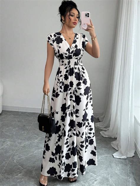 Elenzga Women V-Neck Allover Print Casual Long Dress | SHEIN USA