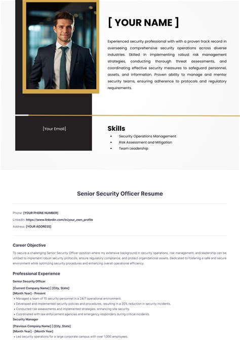 Free Senior Security Officer Resume Template to Edit Online