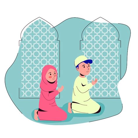 이슬람 소년과 소녀 Shalat 그림 후 모스크에서 함께기도 | 프리미엄 벡터