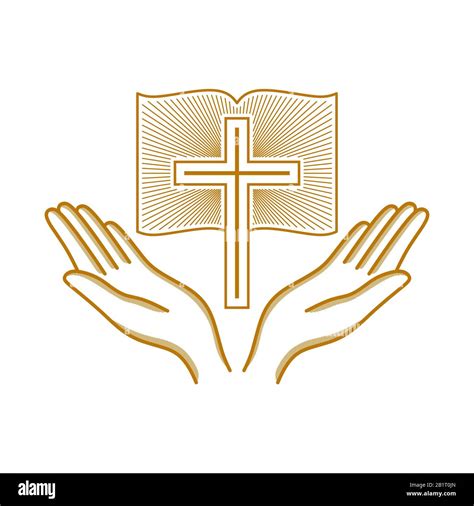 Church logo. Christian symbols. Hands raised to the cross of the Lord ...