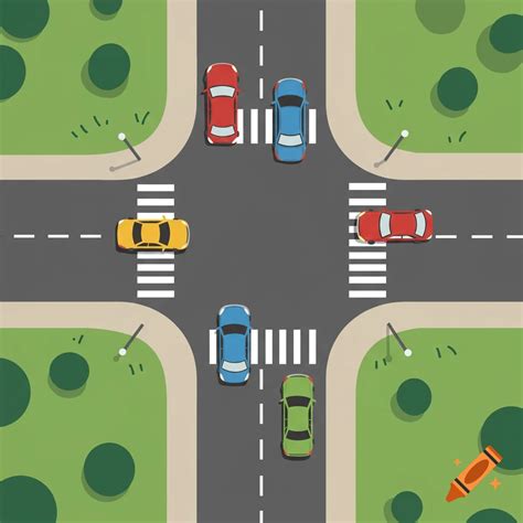 Cartoon illustration of a four-way intersection with cars approaching ...