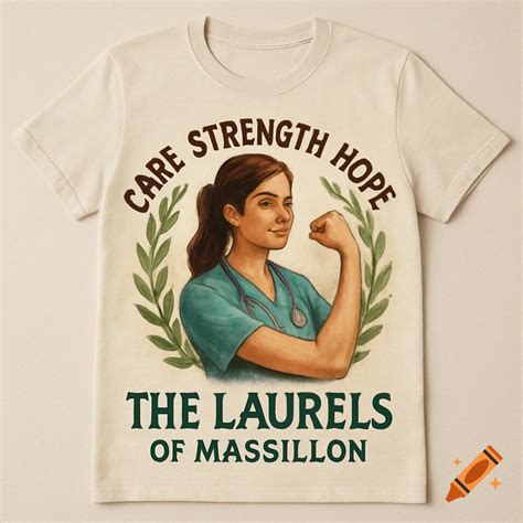 A cream t-shirt with an illustration of a woman in medical scrubs ...