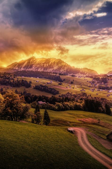 Download wallpaper road, clouds, mountains, house, hills, treatment ...