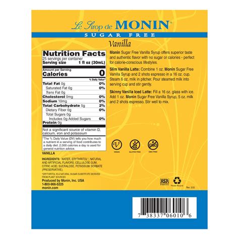 Monin Sugar Free Vanilla Syrup - Bottle (750mL) – LollicupStore