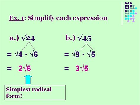 Algebra 1 Chapter 11 1 Simplifying Radical Expressions
