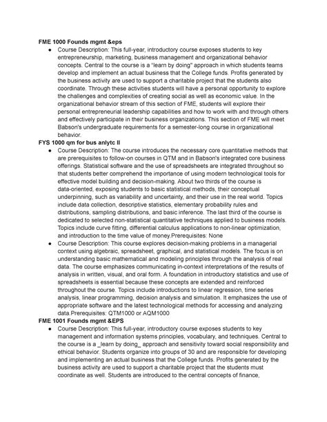 Courses Descriptions Babson - FME 1000 Founds mgmt &eps Course Description: This full-year ...