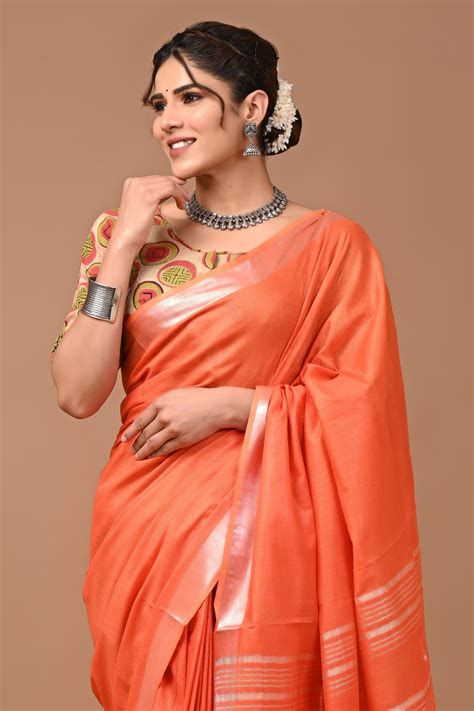 Plain linen Saree With Ajrak Printed Unstiched Blouse – Jaipuria Apparels