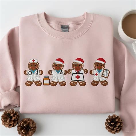 Embroidered Gingerbread Nurse Sweatshirt, Diverse Christmas Medical ...