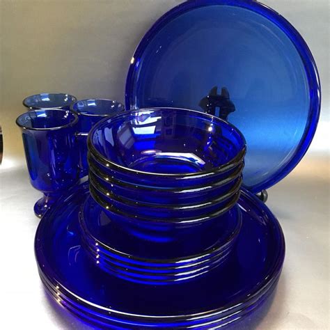 16 Piece Full Set ARCOROC Cobalt Blue Glass Dinnerware Vintage France ...