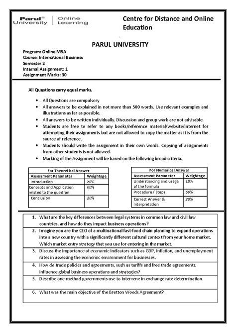 International Business Internal Assignment 1 - Online MBA, Semester 2 ...