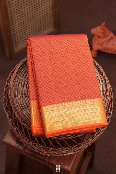 Kanchipuram Silk Saree In Rust Orange With Jacquard Pattern