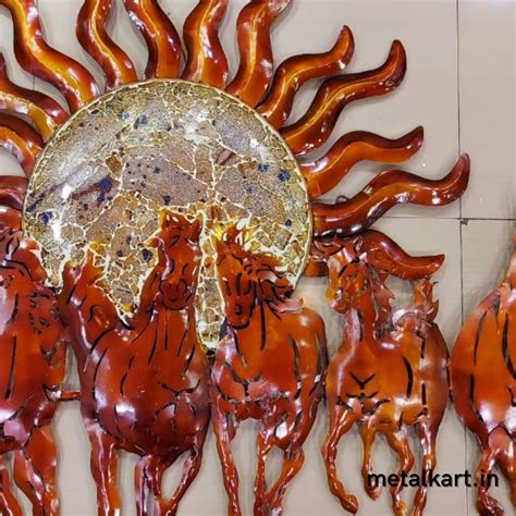 Large Hand painted 7 Horses with Sun (55 x 34 Inches) - Punam Metalcrafts
