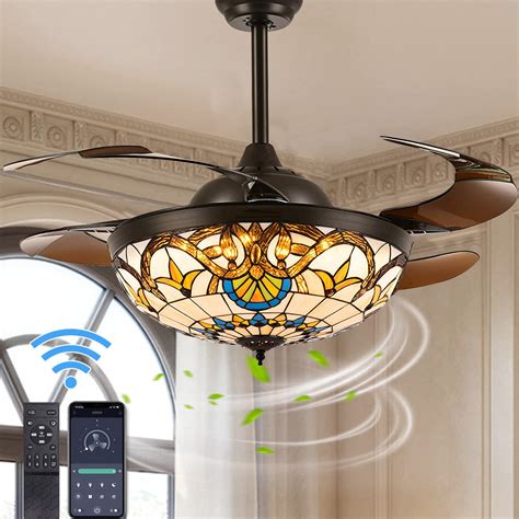Siljoy 42" Tiffany Ceiling Fan Stained Glass Ceiling Fan Retractable ...
