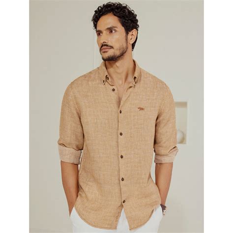 Buy Andamen Men Yellow Textured Slim Fit Collar Neck Linen Casual Shirt ...