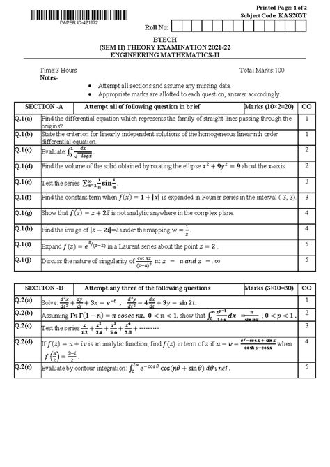 Btech 2 sem engineering mathematics 2 kas203t 2022 - Printed Page: 1 of ...