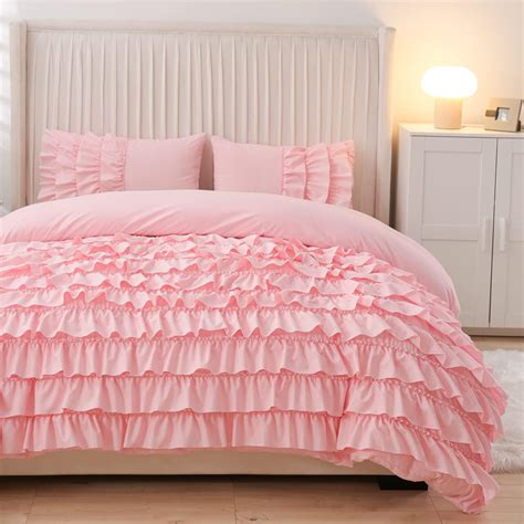 Holawakaka Pink Waterfall Ruffle Comforter Set Full Size Multi-Layers ...