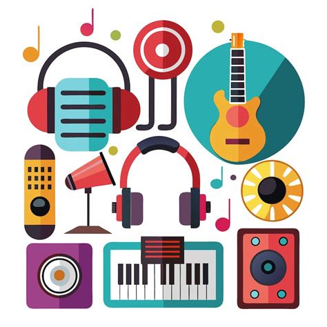 Colorful illustration of musical instruments headphones and speakers ...