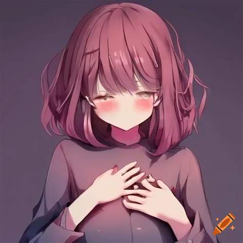 Cute anime girl blushing and feeling her heart on Craiyon