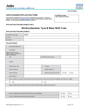 NHS Standard Application Form - Blank Fillable Template | Fill Out ...