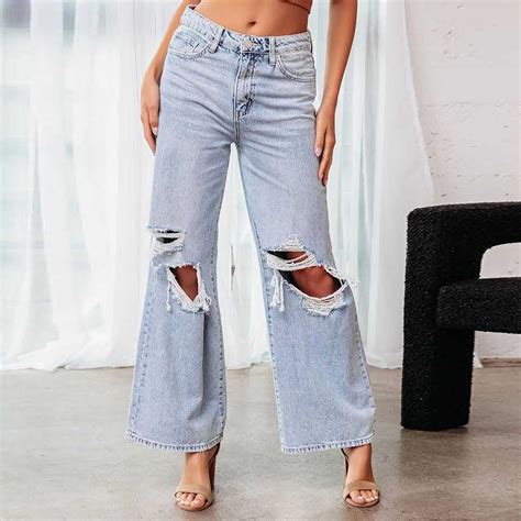 Qulqfy Ripped Women Jeans Summer Blue Wide Leg Baggy Casual High ...