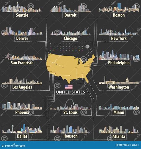 Vector Map of United States of America with Largest Cities` Skylines Stock Vector - Illustration ...