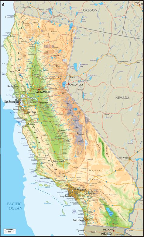 Physical Map of California with Mountains, Valleys, Deserts, Lakes and ...