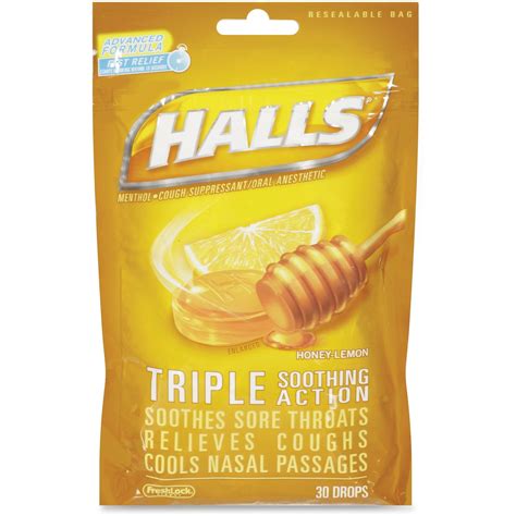 Halls Triple Soothing Action Cough Drops, Honey Lemon 30 Each - Walmart.com