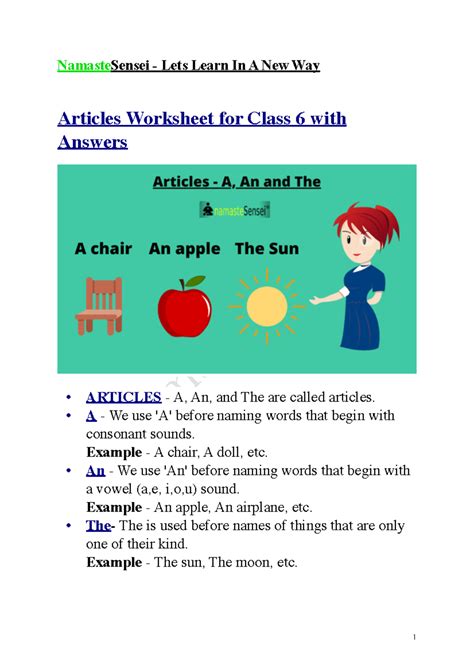 Articles worksheet for class 6 - Namaste Sensei NamasteSensei - Lets ...