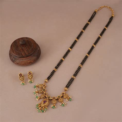 Long antique gold stone mangalsutra with cute earring - smarsjewelrys