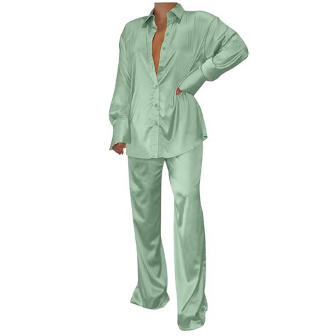 JNGSA Silk Pajamas Womens Long Sleeve Soft Satin Pajamas Loungewear 2 ...