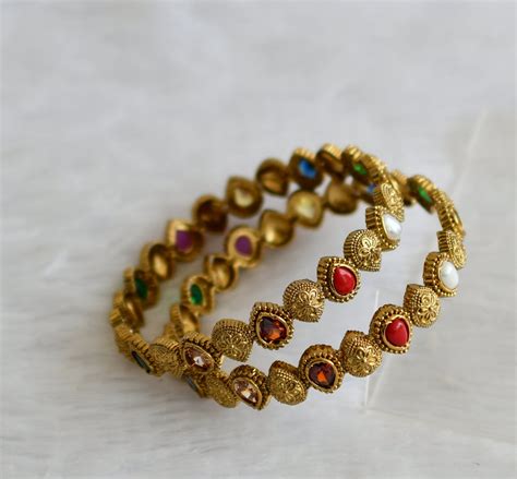 Antique gold tone navarathna thilak stone bangles(2.4)dj-50911 – dreamjwell