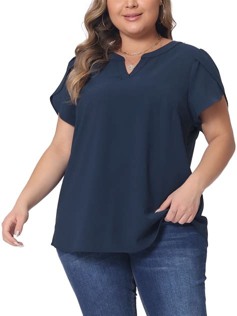 Agnes Orinda Plus Size Blouses for Women Notched V Neck Short Petal ...