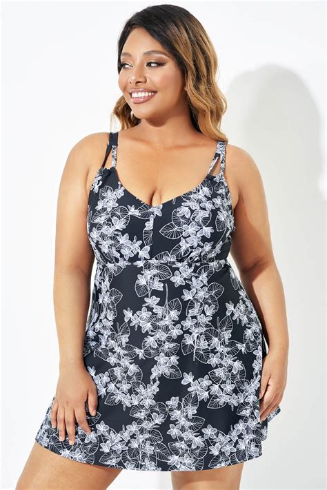Black Floral Printed Double Strap Women Swimdress - Meet.Curve - Meet.Curve