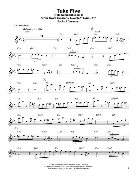 Take Five by Paul Desmond Sheet Music for Alto Sax Transcription at ...