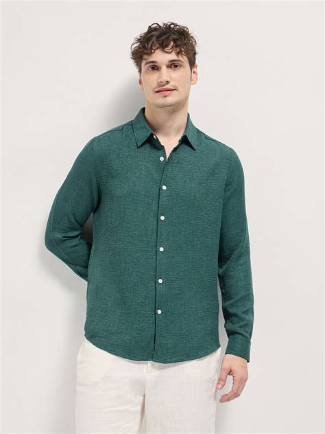 Shop Teal Green Solid Seersucker Effect Slim Fit Casual Shirt Online ...