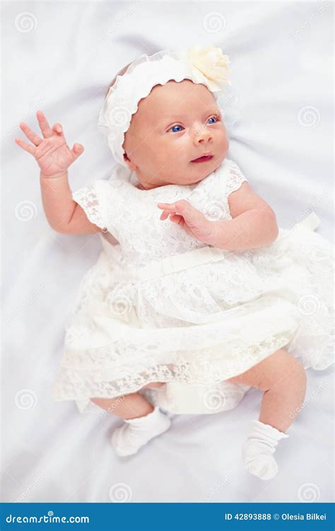 Beautiful Baby Girl in White Dress, Three Weeks Old Stock Photo - Image ...