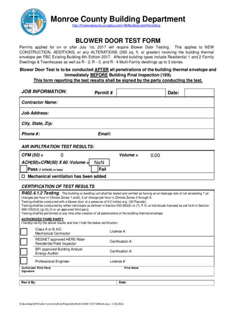 2022-2026 FL Blower Door Test Form - Monroe County Fill Online ...