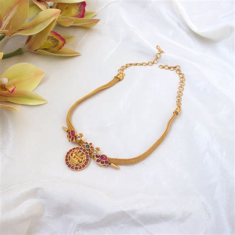 Gold Look Premium Kemp Birds Lakshmi Coin Pendant Choker Set - Ruby, G ...