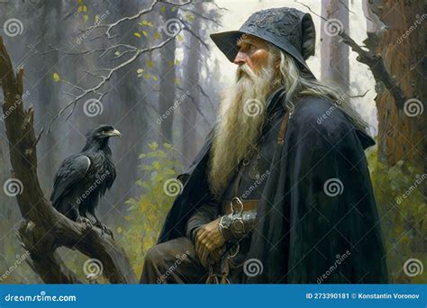 Odin Skandinavian God with His Ravens Huginn, Muninn. Concept ...