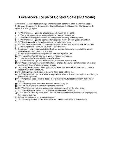 Levenson Locus of Control Scale (IPC Scale) Instructions - Studocu