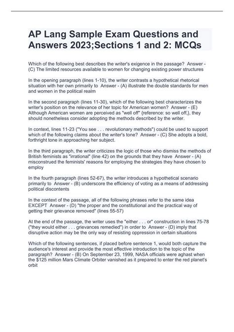 AP Lang Sample Exam Questions and Answers 2023;Sections 1 and 2: MCQs ...