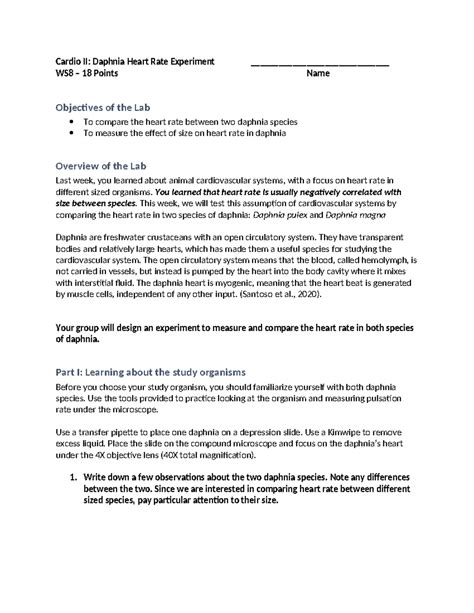 Worksheet 8 - Daphnia - Cardio II: Daphnia Heart Rate Experiment ...