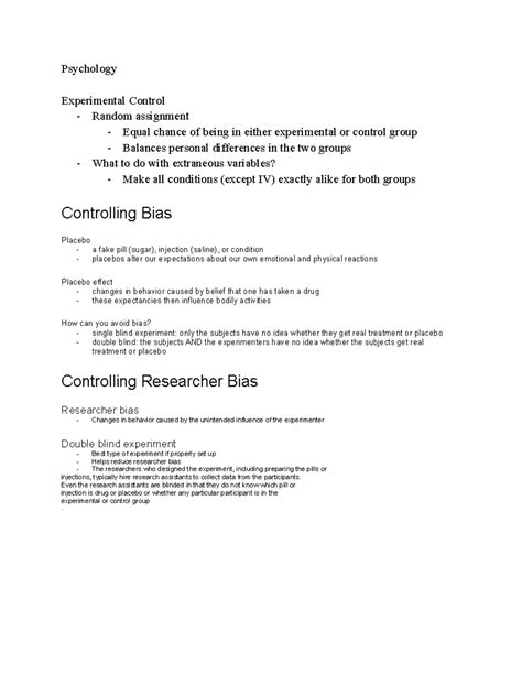 Psych 2 - notes - Psychology Experimental Control - Random assignment - Equal chance of being in ...